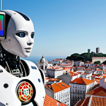 **

"Futuristic Lisbon cityscape, AI robots assisting humans in various jobs (construction, office, tourism), holographic displays showing data, emphasis on technological advancement, Portuguese flags subtly incorporated, bright and optimistic atmosphere."

**
