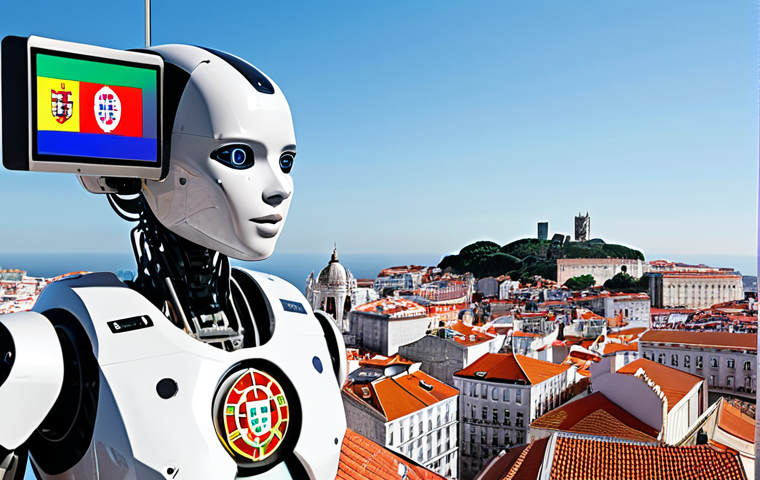 **
"Futuristic Lisbon cityscape, AI robots assisting humans in various jobs (construction, office, tourism), holographic displays showing data, emphasis on technological advancement, Portuguese flags subtly incorporated, bright and optimistic atmosphere."
**