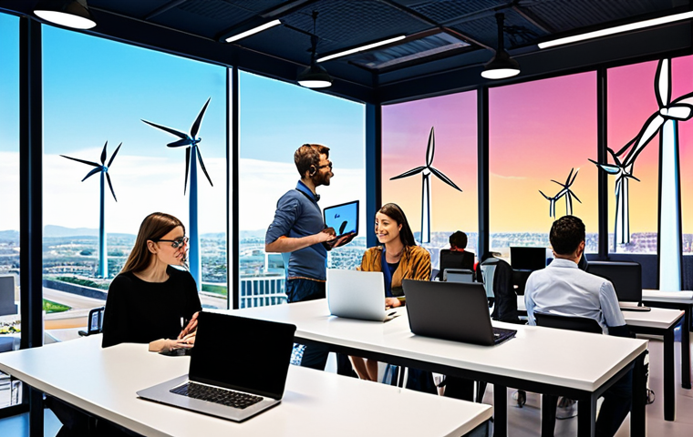 **
A vibrant, modern tech park scene. Focus on sleek, minimalist buildings with lots of glass. Show diverse people collaborating on laptops and digital screens. Include elements that suggest innovation and progress, like wind turbines or solar panels. The overall feel should be optimistic and forward-thinking, representing the "oasis" for tech companies. Maybe a stylized logo representing "Digital Free Zone" subtly in the background.
**