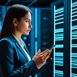 A professional Brazilian female cybersecurity expert, in a modest business suit, stands contemplatively in a sleek, futuristic digital data center. Soft glowing server racks and abstract visualizations of secure data flow around her, depicting complex network diagrams. She has a thoughtful, focused expression that conveys a balance between innovation and vigilance. Professional photography, high resolution, soft cinematic lighting, fully clothed, appropriate attire, modest clothing, professional dress, safe for work, perfect anatomy, correct proportions, natural pose, well-formed hands, proper finger count, natural body proportions, appropriate content, family-friendly.