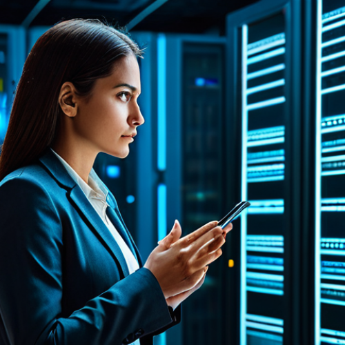 Home 9 A professional Brazilian female cybersecurity expert, in a modest business suit, stands contemplatively in a sleek, futuristic digital data center. Soft glowing server racks and abstract visualizations of secure data flow around her, depicting complex network diagrams. She has a thoughtful, focused expression that conveys a balance between innovation and vigilance. Professional photography, high resolution, soft cinematic lighting, fully clothed, appropriate attire, modest clothing, professional dress, safe for work, perfect anatomy, correct proportions, natural pose, well-formed hands, proper finger count, natural body proportions, appropriate content, family-friendly.