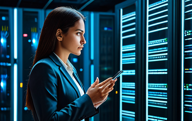 A professional Brazilian female cybersecurity expert, in a modest business suit, stands contemplatively in a sleek, futuristic digital data center. Soft glowing server racks and abstract visualizations of secure data flow around her, depicting complex network diagrams. She has a thoughtful, focused expression that conveys a balance between innovation and vigilance. Professional photography, high resolution, soft cinematic lighting, fully clothed, appropriate attire, modest clothing, professional dress, safe for work, perfect anatomy, correct proportions, natural pose, well-formed hands, proper finger count, natural body proportions, appropriate content, family-friendly.