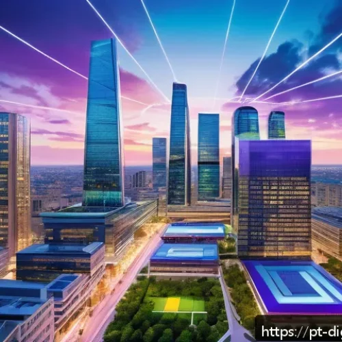 디지털 프리 존의 글로벌 협력 방안 - A futuristic digital free zone cityscape at dusk, featuring sleek skyscrapers with glowing fiber opt...