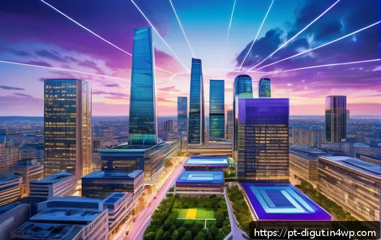 디지털 프리 존의 글로벌 협력 방안 - A futuristic digital free zone cityscape at dusk, featuring sleek skyscrapers with glowing fiber opt...