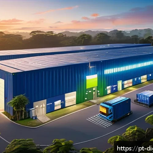 Home 30 디지털 프리 존의 인프라 구축 현황 - A futuristic Brazilian free trade zone logistics hub at sunset, showcasing advanced 5G connectivity ...