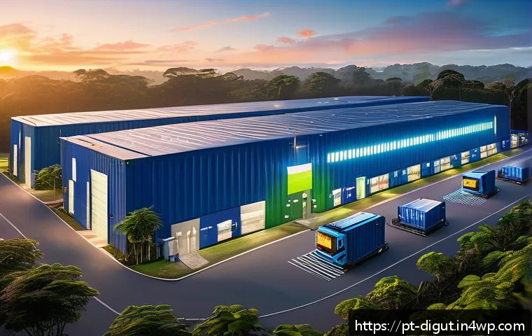 디지털 프리 존의 인프라 구축 현황 - A futuristic Brazilian free trade zone logistics hub at sunset, showcasing advanced 5G connectivity ...
