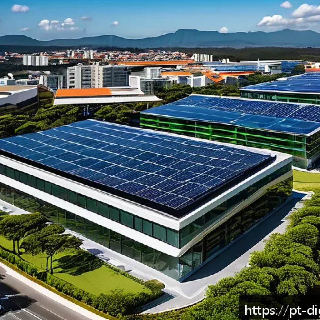 디지털 프리 존에서의 지역 경제 활성화 - A modern digital free zone business park in Brazil, featuring sleek glass office buildings with sola...