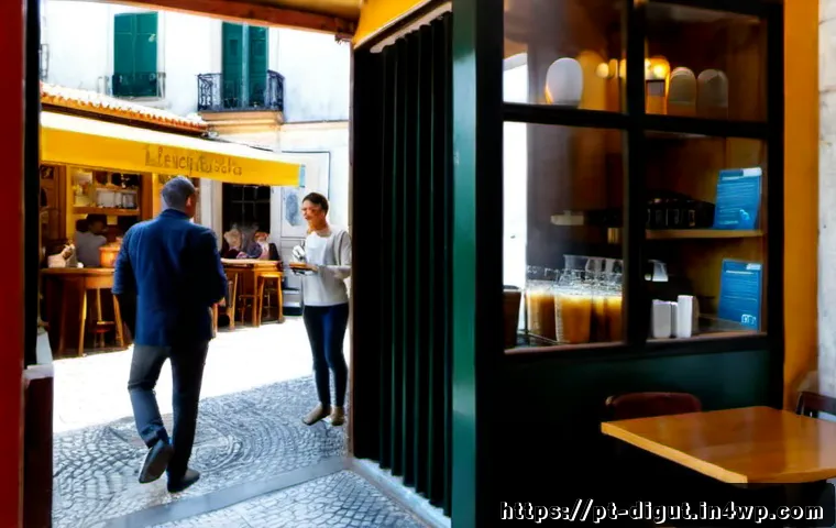 Home 17 디지털 프리 존의 경쟁 우위 분석 - Photorealistic Lisbon neighborhood café with a clearly marked but unreadable phone-free storage shel...