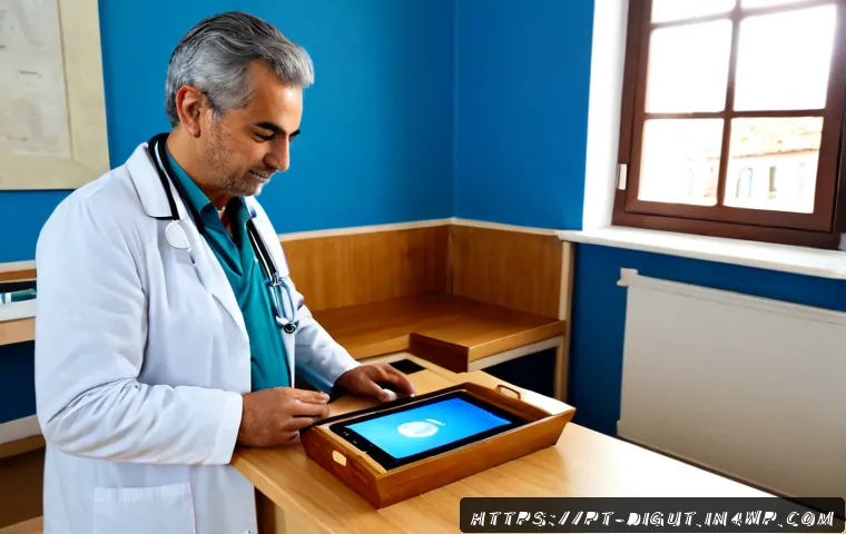 Home 17 디지털 프리 존의 디지털 헬스케어 발전 - Photorealistic Lisbon community health clinic in a digital-free zone, Portuguese doctor warmly consu...